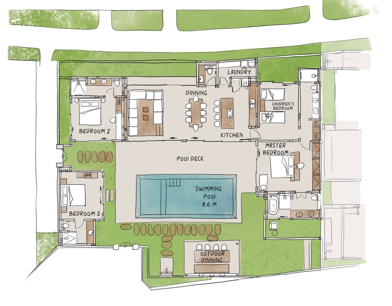 Top-down floor plan with a central pool, surrounding patio, and multiple labeled rooms.