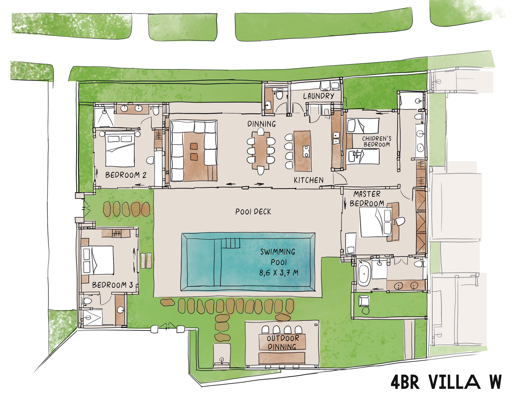 Top-down floor plan of a 4BR villa with central pool, living areas, and surrounding patio and bedrooms.