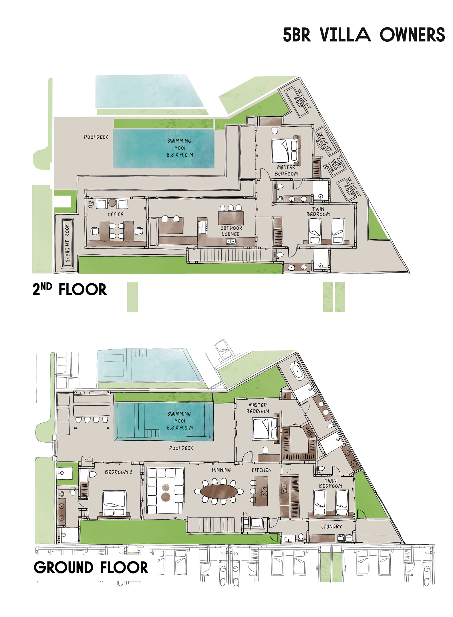 Two floor plans labeled 5BR villa owners, showing ground floor and 2nd floor layouts with pool and rooms