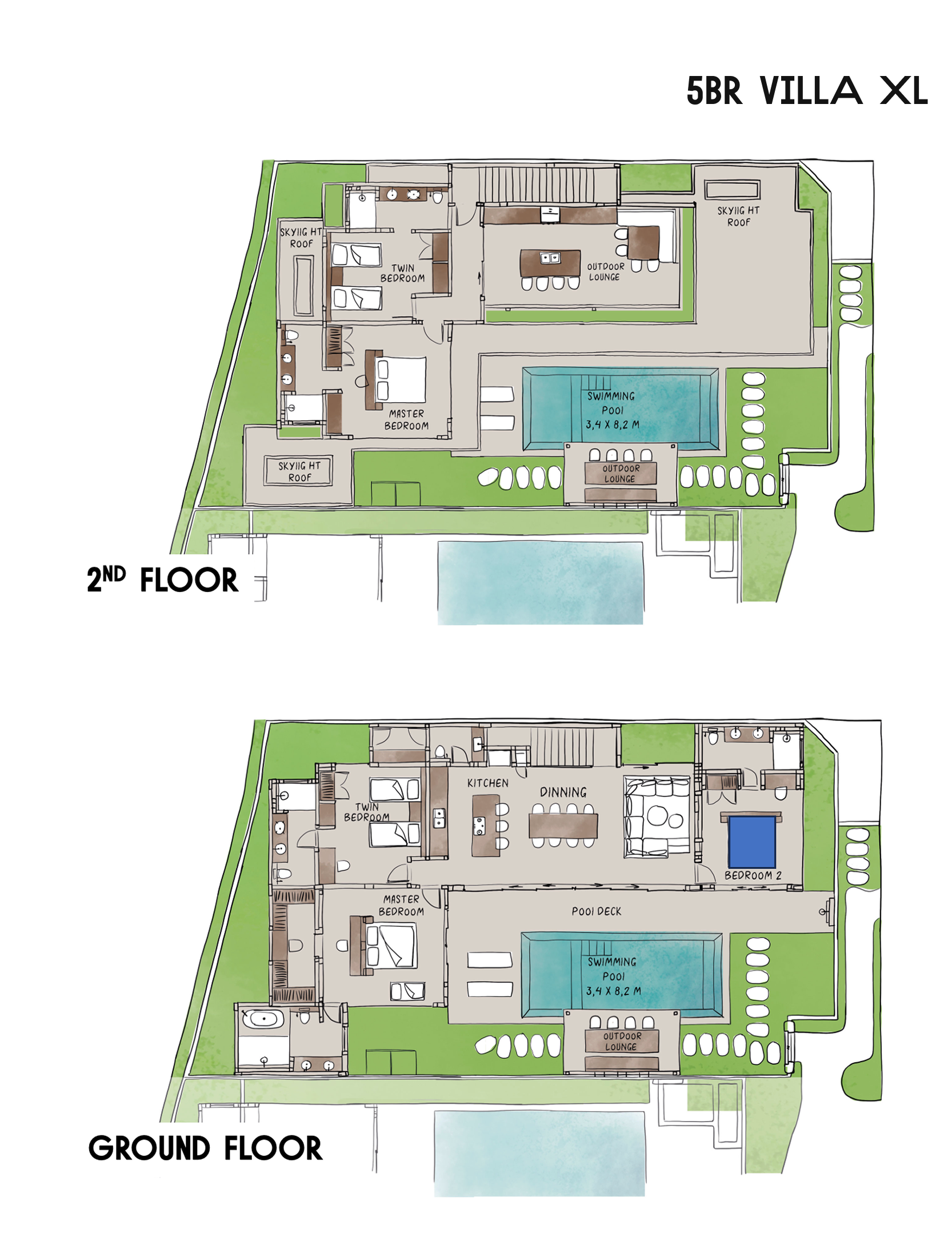 Top-down floor plans of a villa: 2nd floor and ground floor with rooms, pool, and green terrace areas.