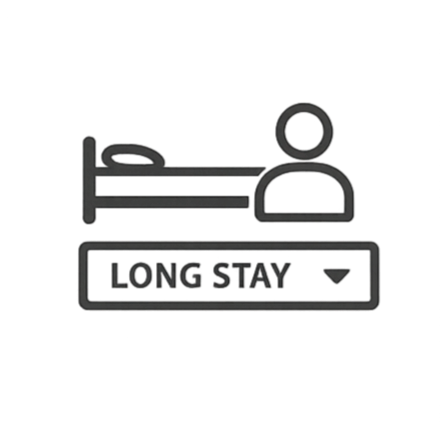 Icon of a bed and person above a “LONG STAY” dropdown label