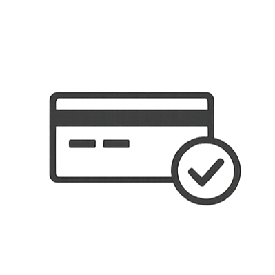 Credit card icon with a checkmark badge, indicating successful payment or verification