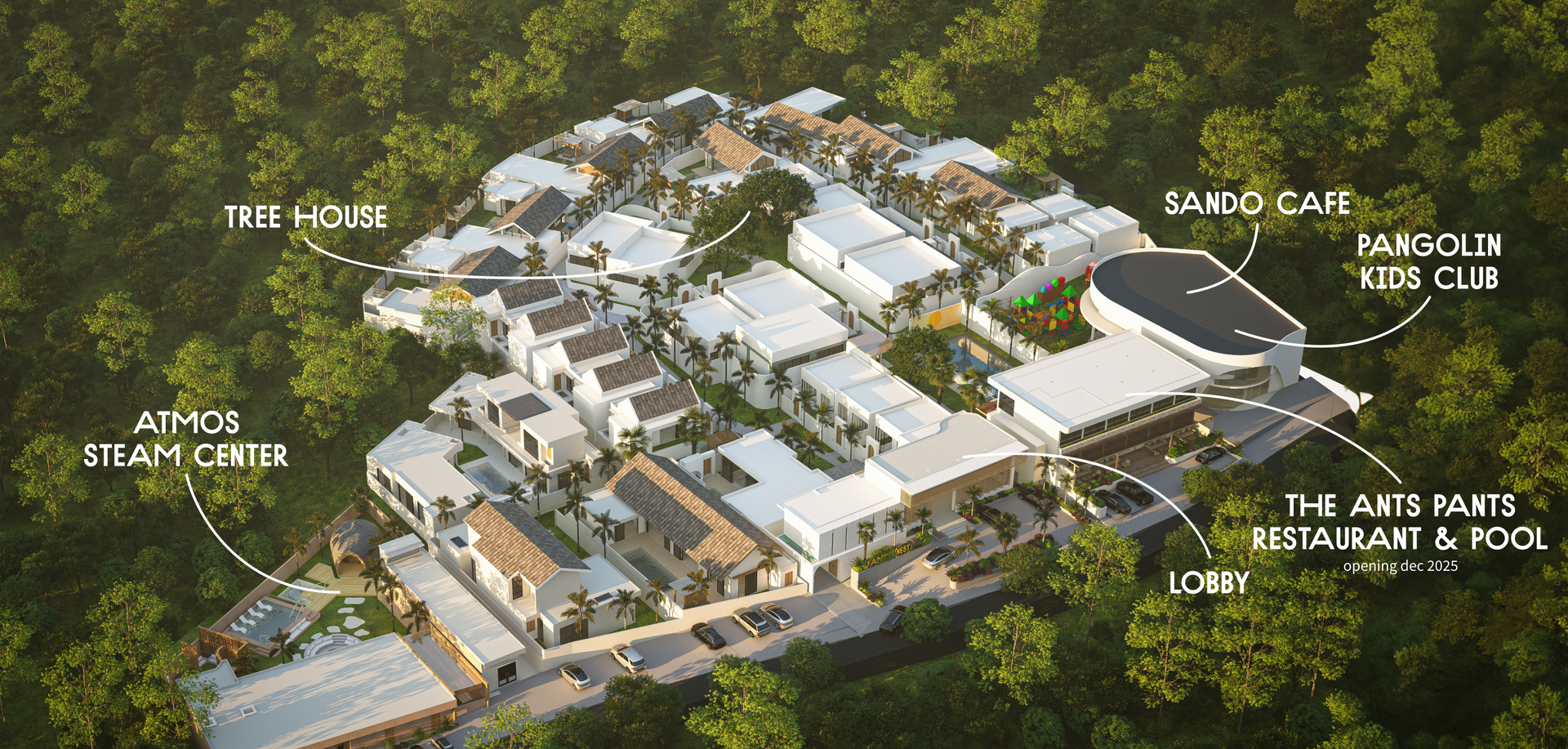 Aerial view of a white-roofed forest resort complex with labeled amenities and surrounding trees.