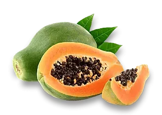 Whole and sliced papayas with orange flesh and black seeds on a white background