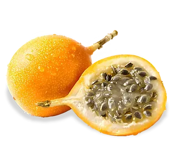 Two yellow-orange passion fruits, one whole and one cut open showing seeds and pulp