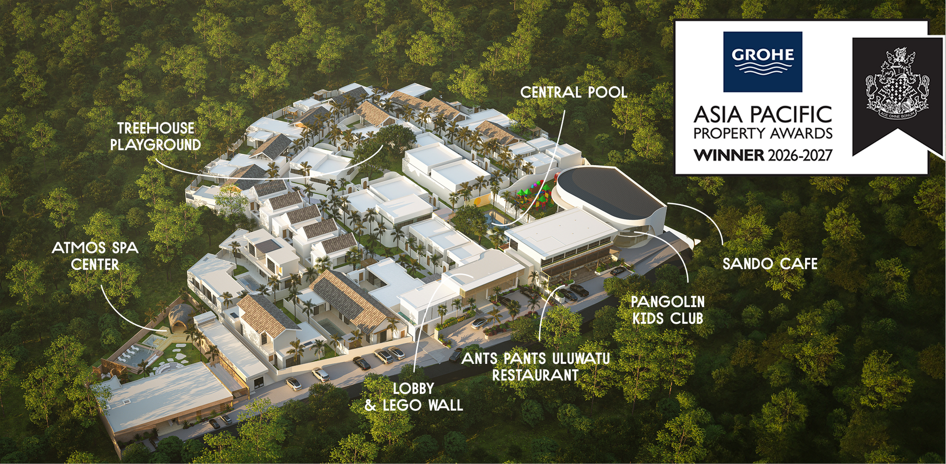 Aerial view of a planned tropical resort community with labeled villas, paths, and dense green forest.