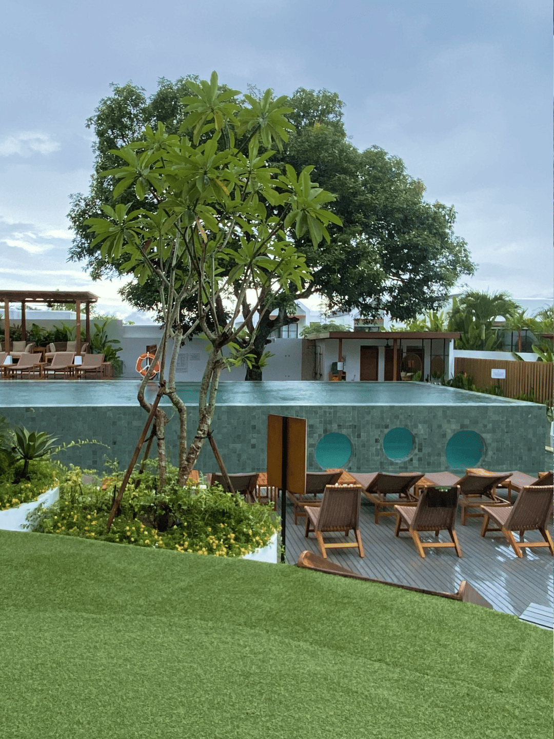 Resort poolside lounge with chairs, umbrellas, and a tree beside a curved turquoise pool