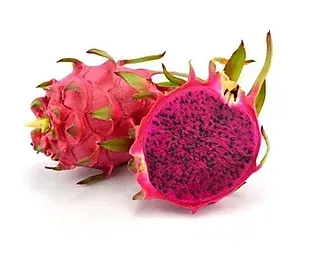 Whole and sliced pink dragon fruit with white background
