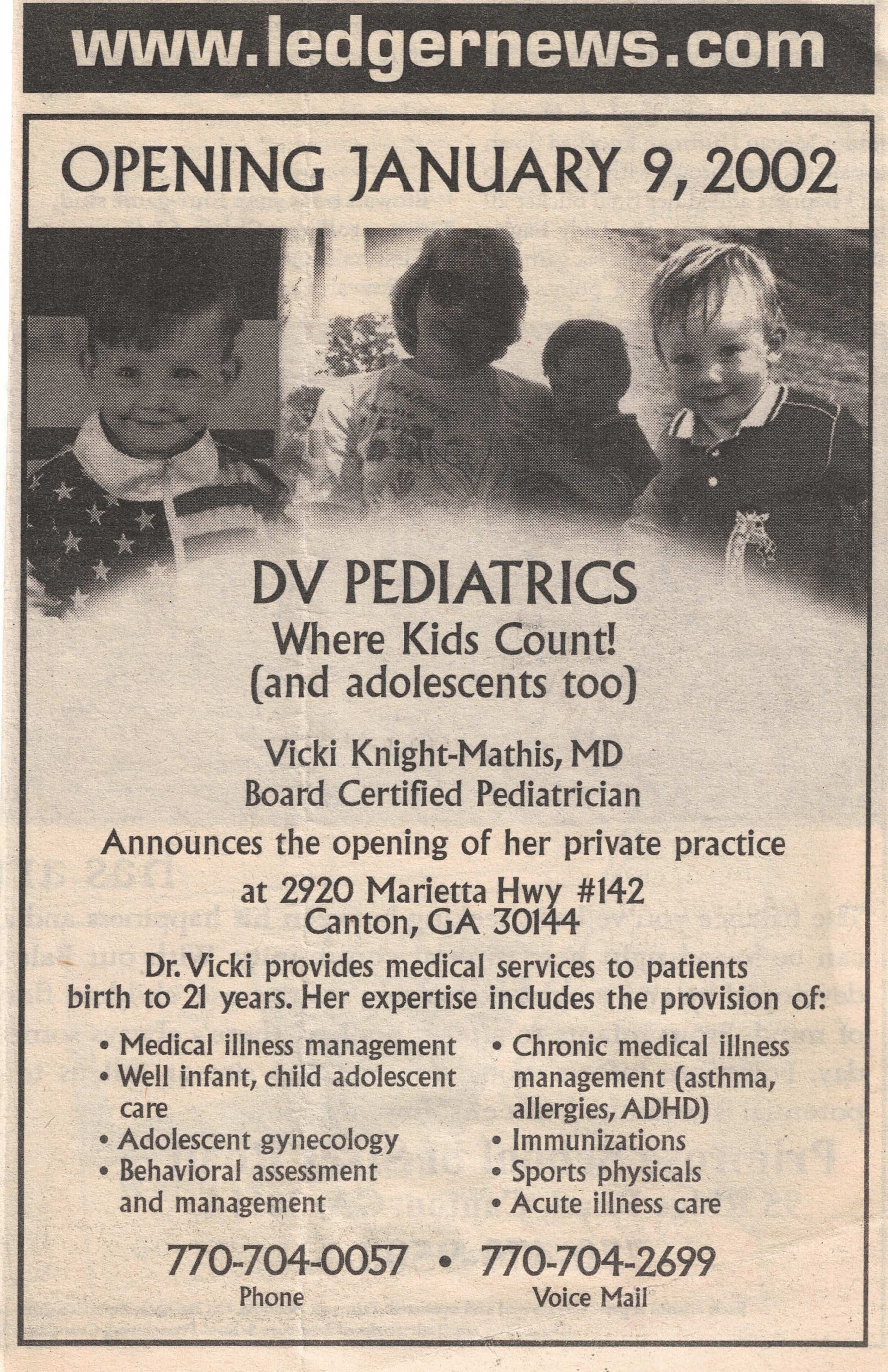 DV Pediatrics newspaper ad announcing opening January 9, 2002, with doctors and office details