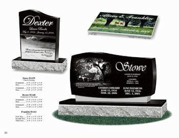 Catalog page showing three black granite monuments with engraved text and illustrations, set on gray granite bases.
