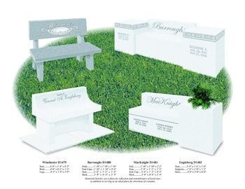 Four styles of stone memorial benches with names and dates engraved on them, arranged against a grassy background.