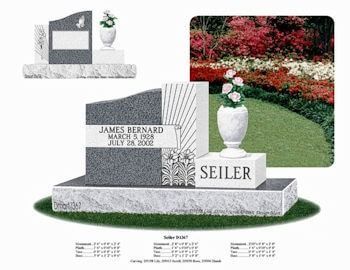 A granite memorial headstone design featuring a dark grey monument, a white vase with flowers, and the name SEILER.