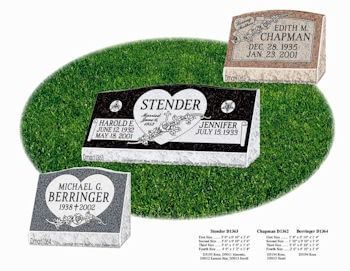 Three granite headstones on grass, displaying names and dates for Stender, Chapman, and Berringer memorials.