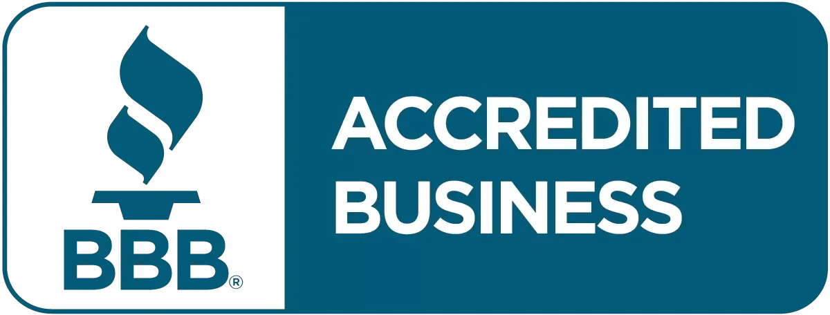 BBB Accredited Business logo, white background with a torch symbol, blue text and background.