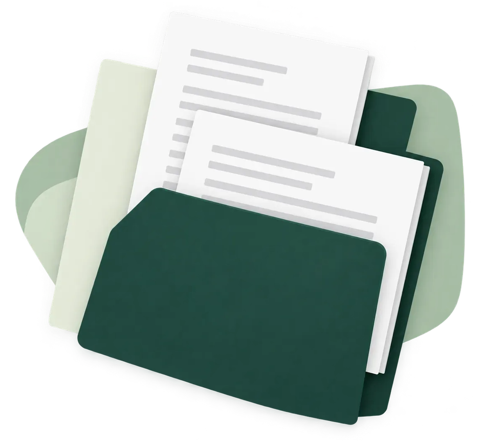 Illustration d'un dossier vert foncé contenant des feuilles blanches et une feuille vert pâle en arrière-plan.