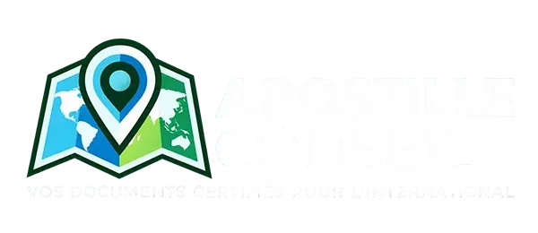 Logo d'Apostille Conseil avec une épingle bleue sur une carte et une icône de document, texte en français en dessous