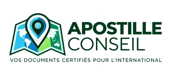 Logo &ldquo;APOSTILLE CONSEIL&rdquo; in blue, with map pin and document icon, tagline &ldquo;Vos documents certifi&eacute;s pour l&rsquo;international&rdquo;