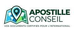 Logo “APOSTILLE CONSEIL” in blue, with map pin and document icon, tagline “Vos documents certifiés pour l’international”