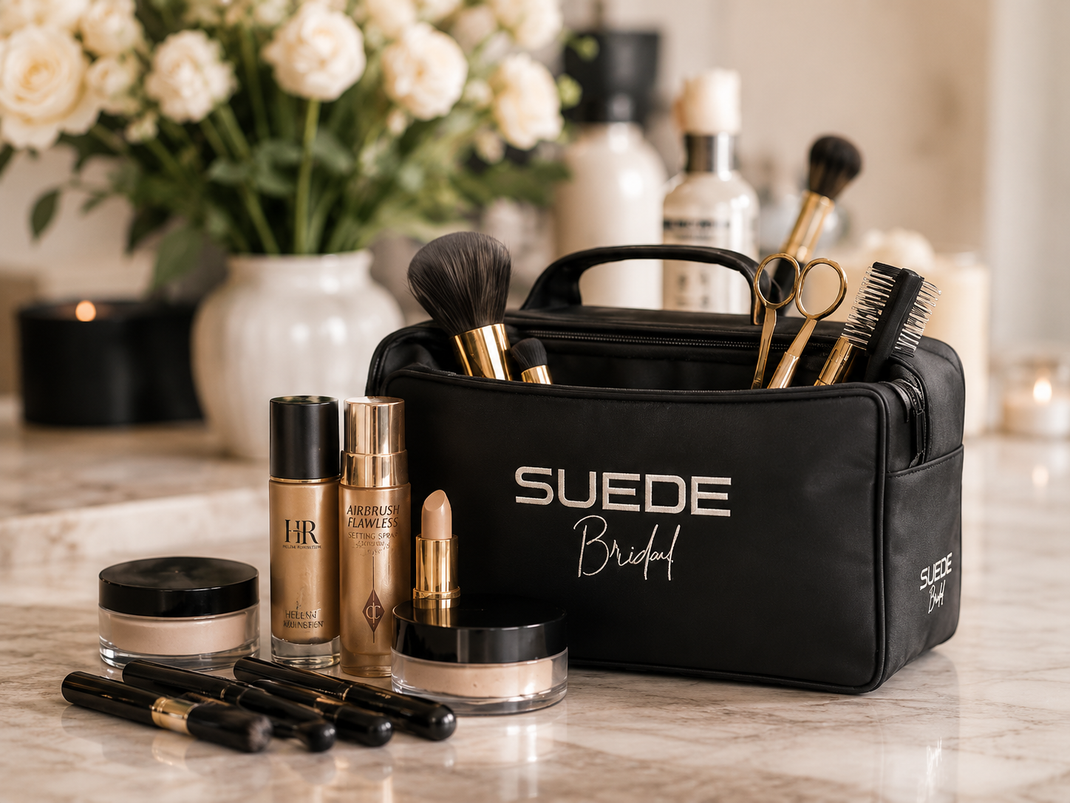 Black makeup bag with brushes and cosmetics on a vanity table
