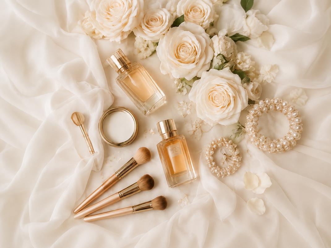 Perfume, makeup brushes, and pearl jewelry arranged on soft white fabric with cream roses