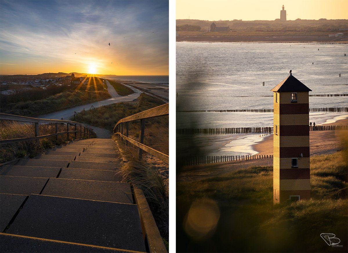 Op de linkerafbeelding is de trap als leidende lijn groot in beeld, terwijl de kerk en duinen op de achtergrond kleiner ogen. Op de rechterfoto is de vuurtoren op de voorgrond goed zichtbaar, maar ook de kerk is in de verte te zien, terwijl deze grote afstand van de vuurtorens staat.
