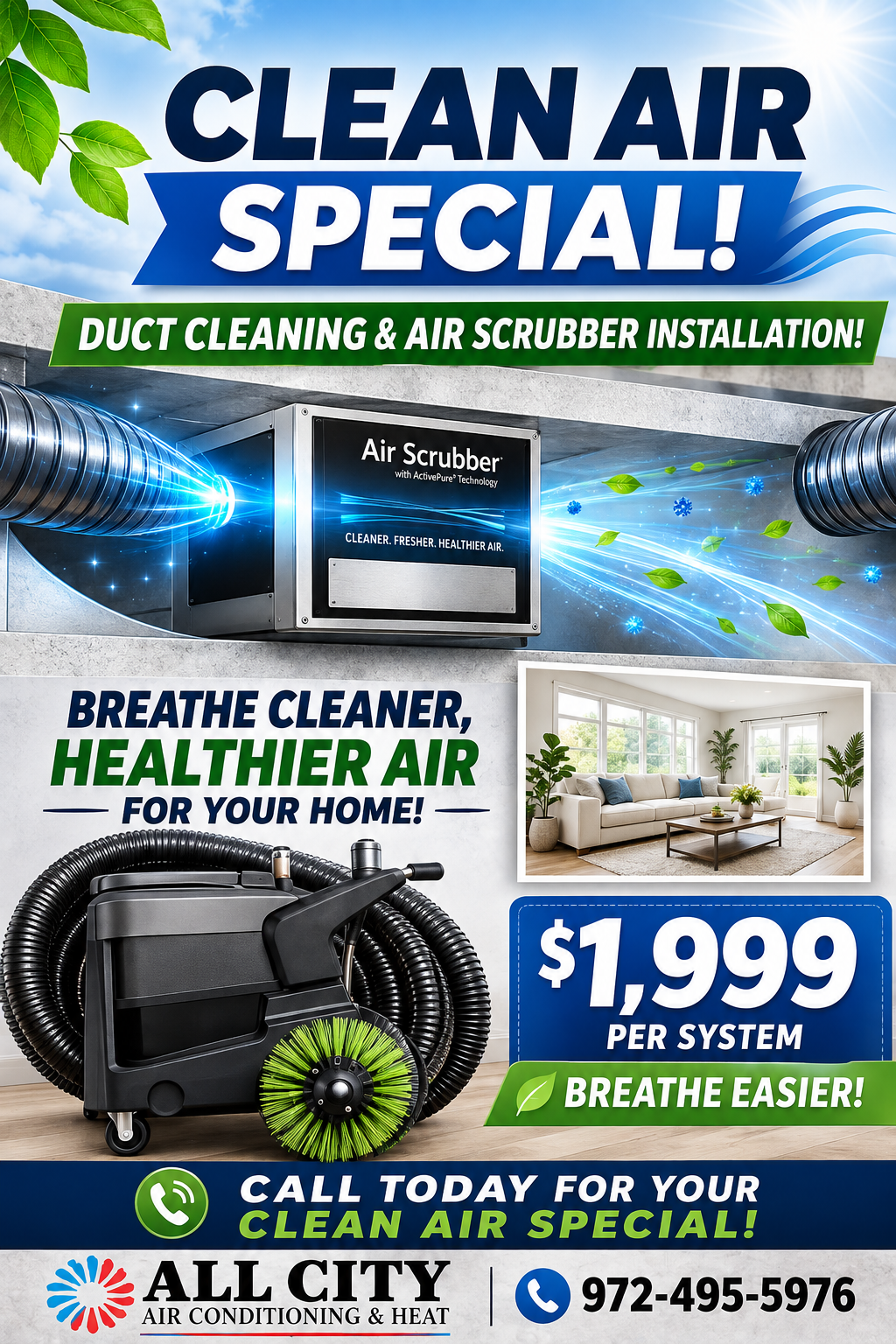 Clean Air Special ad for duct cleaning and air scrubber installation, $1,999 per system, with call-to-action.