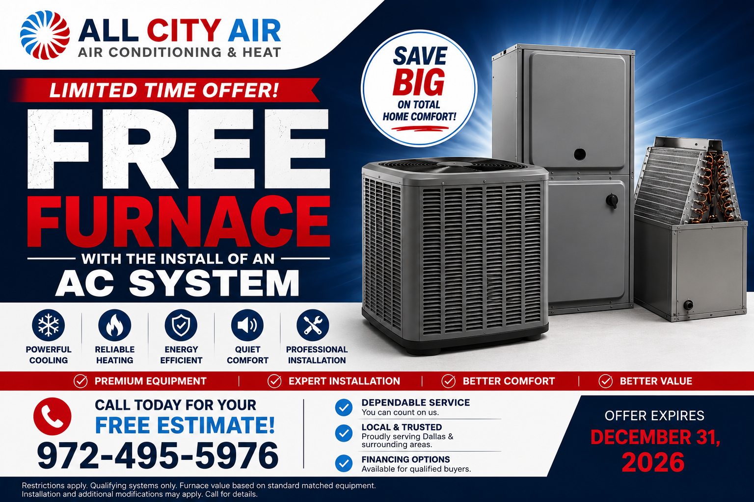 All City Air ad for free furnace installation, with HVAC units, service icons, and phone number 972-495-5976