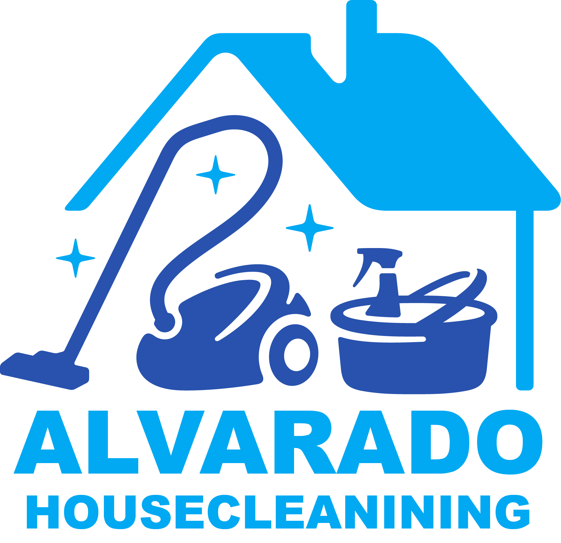 Logotipo azul con casa, aspiradora, balde y el texto 