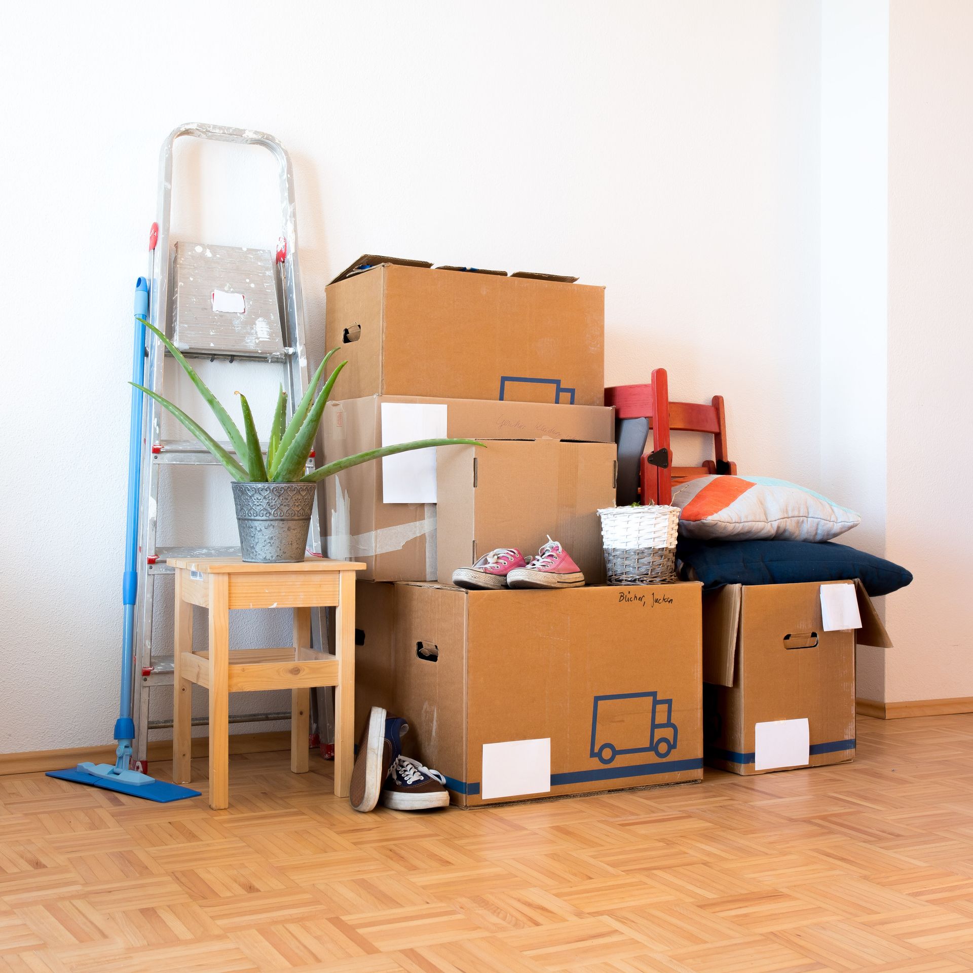 Cajas apiladas cerca de una escalera, una planta de aloe y zapatos sobre un piso de madera, lo que sugiere una mudanza.