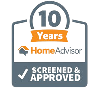 HomeAdvisor 10 Years Screened & Approved badge. Gray and orange. Checkmark present.