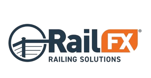 Logo for Rail FX, railing solutions. Dark blue circle with railing graphic and dark blue text