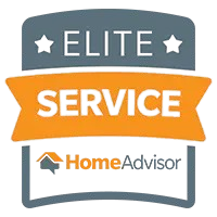 HomeAdvisor Elite Service badge with orange banner and gray background.