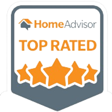 HomeAdvisor Top Rated badge with orange stars and logo.
