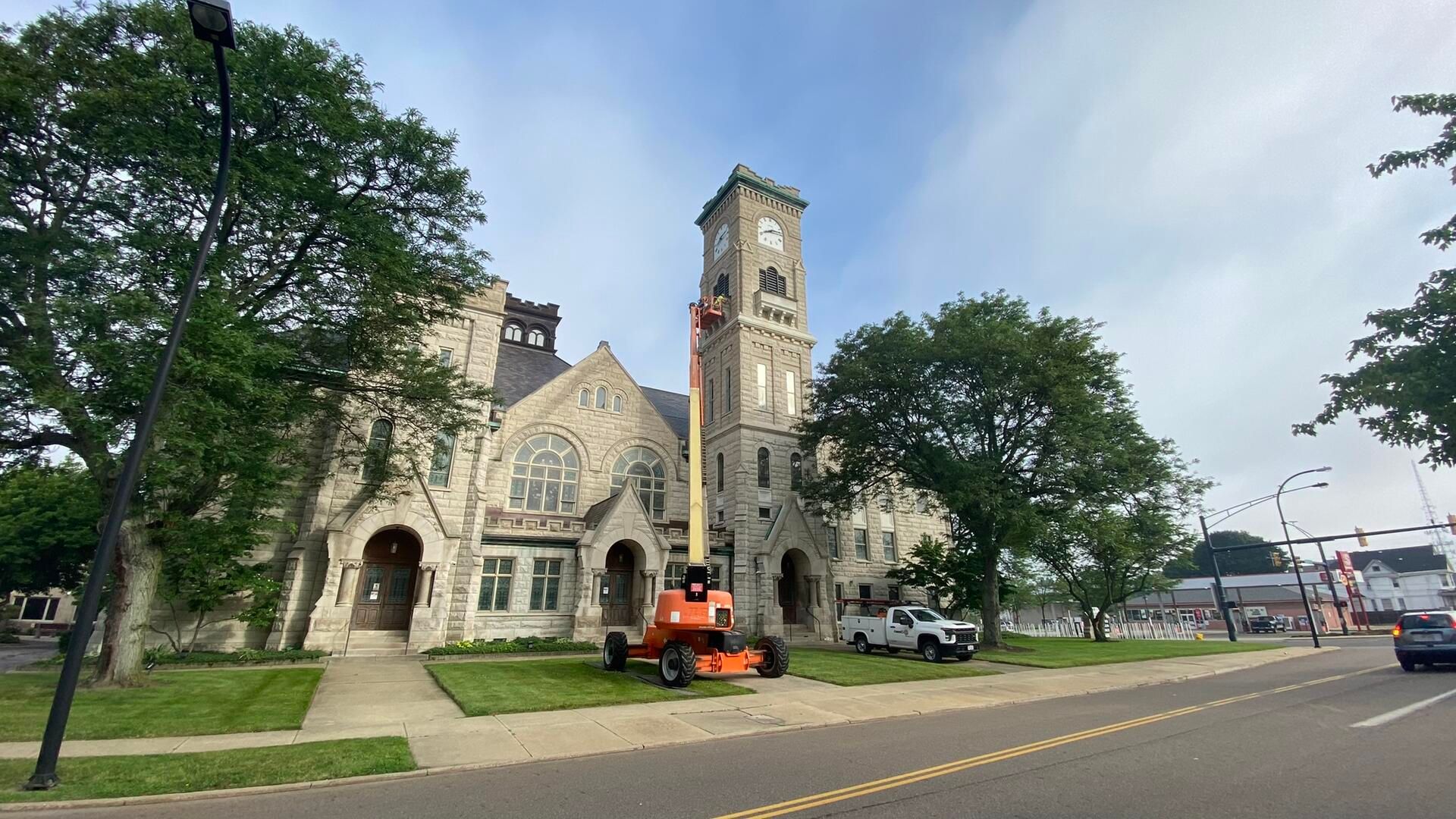 Clocktower maintenance at First Congregational Church