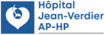 Logo de l'Hôpital Jean-Verdier AP-HP : cœur blanc avec un oiseau et un poisson sur fond bleu. Texte bleu.