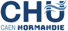 Logo du CHU Caen Normandie : « CHU » en bleu foncé avec le texte Caen Normandie en dessous et un motif de vague stylisé.