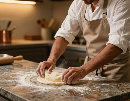 Pizzaiolo preparando masa de pizza