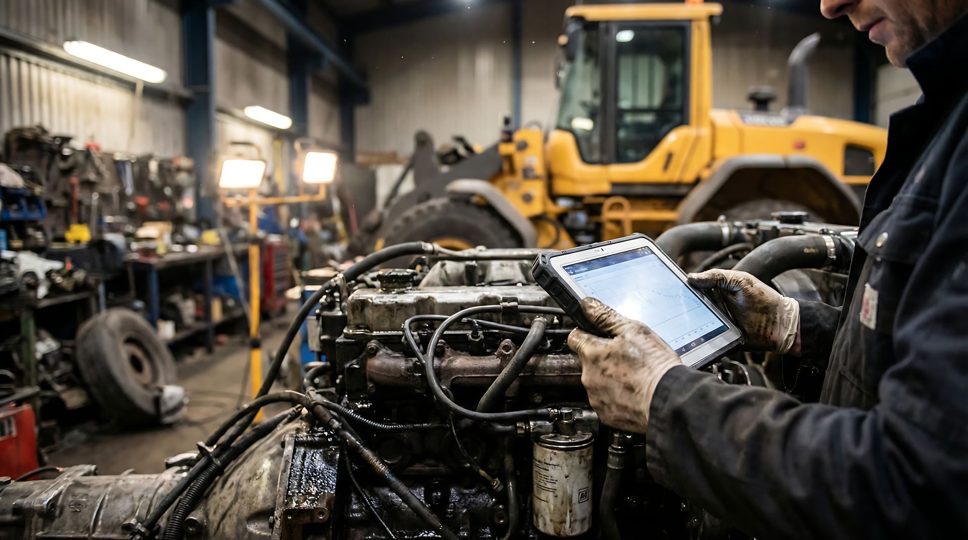 Pro automotive mechanic repair diesel engine. Mechanic using a tablet to inspect a muddy engine in a busy repair shop