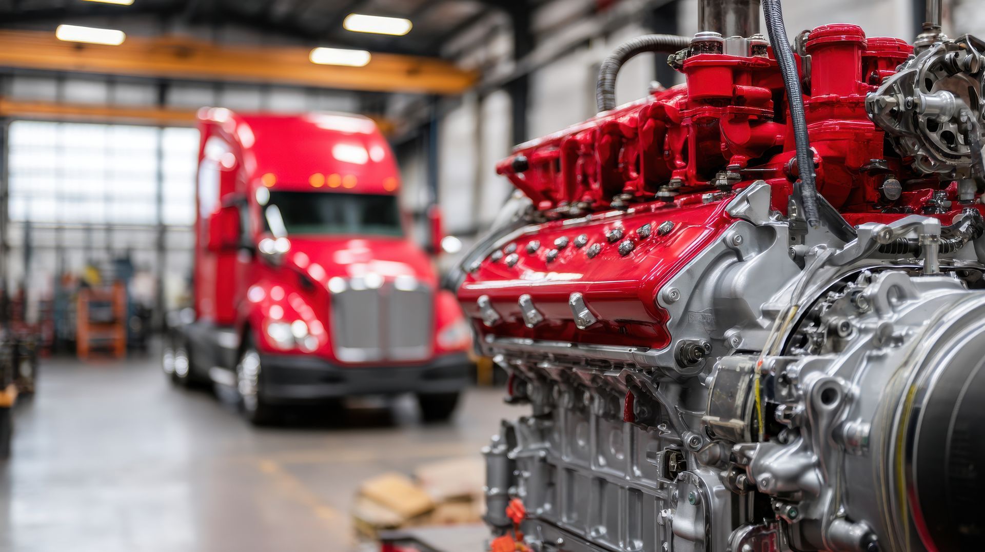 Close-up of a powerful red heavy-duty diesel engine in a truck repair workshop.