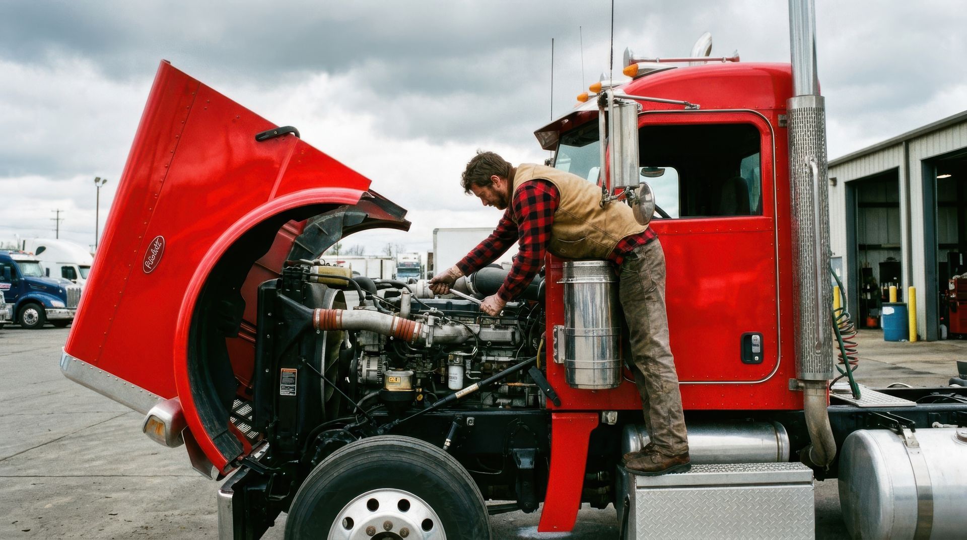 Mechanic repairing a large semi-truck engine.