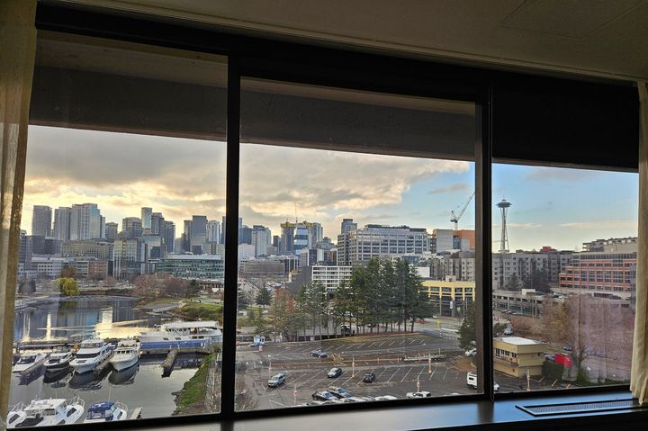 A large window with a view of a city