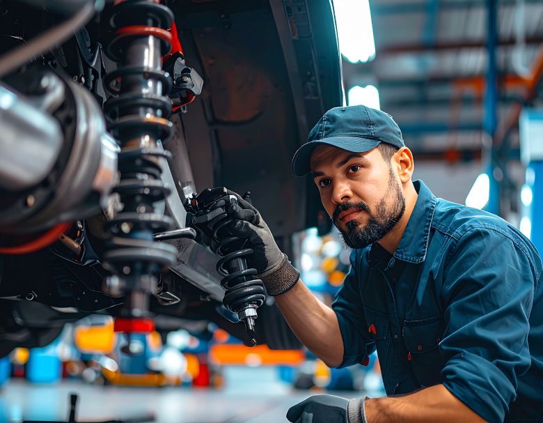 Mechanic in blue shirt, cap, and gloves working on a car suspension in a repair shop.