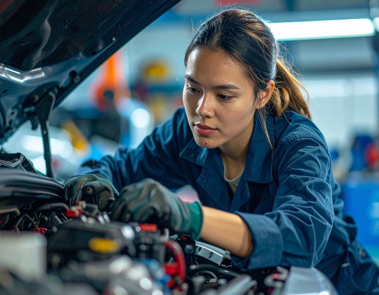 Mechanic in blue jumpsuit, working on a car engine under the hood. Focused expression, gloved hands, shop setting.