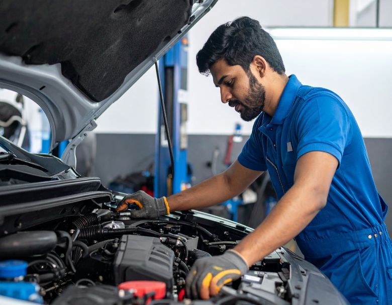 Mechanic in blue jumpsuit, inspecting car engine with gloved hands.