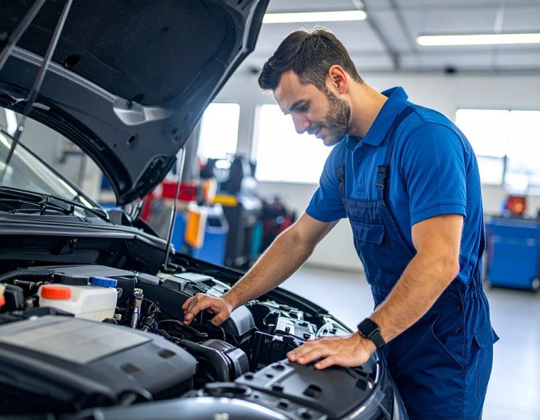 Mechanic in blue overalls inspecting car engine in a well-lit garage.