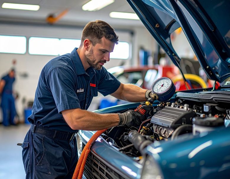 Mechanic checks car engine with a gauge in a repair shop.