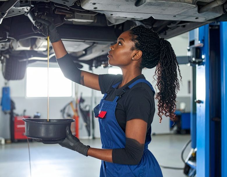 Mechanic draining oil from a car at a service station.