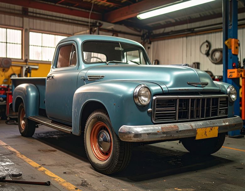 Blue vintage pickup truck parked inside a garage, with orange wheels and a rusted bumper.