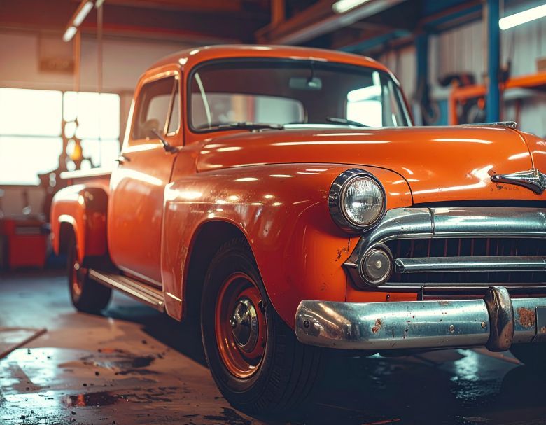 Orange vintage pickup truck in a garage with tools and dim lighting.