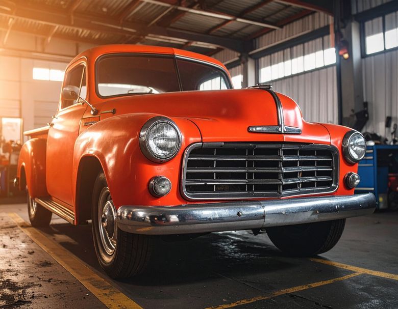 Orange vintage pickup truck in a garage, lit by sunlight, chrome detailing.
